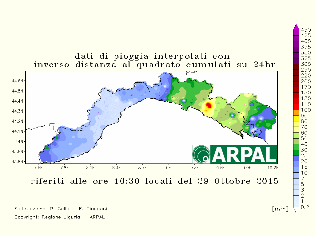 Pioggia cumulata su 24H del 29/10/2015. Si nota la precipitazione diffusa maggiormente sul levante della regione soprattutto sulla Provincia de La Spezia. Il massimo di precipitazione è stato registrato in Val Graveglia.